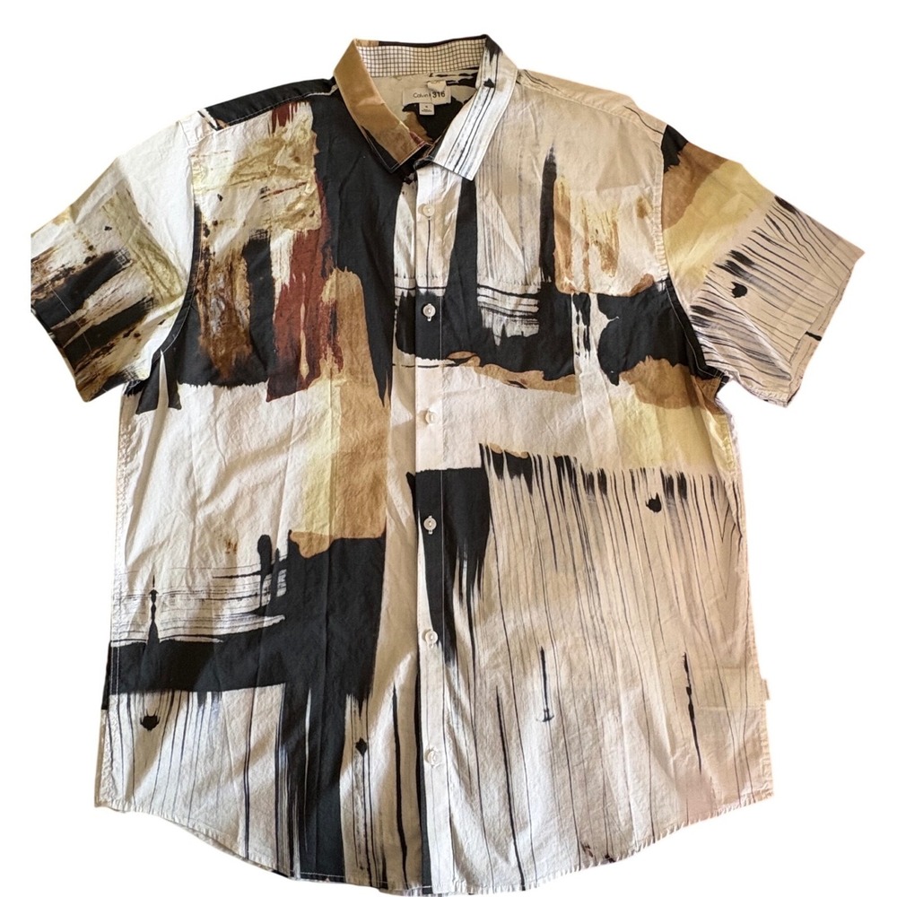Calvin Klein  XL Abstract Short Sleeve Button Shirt Tan Black